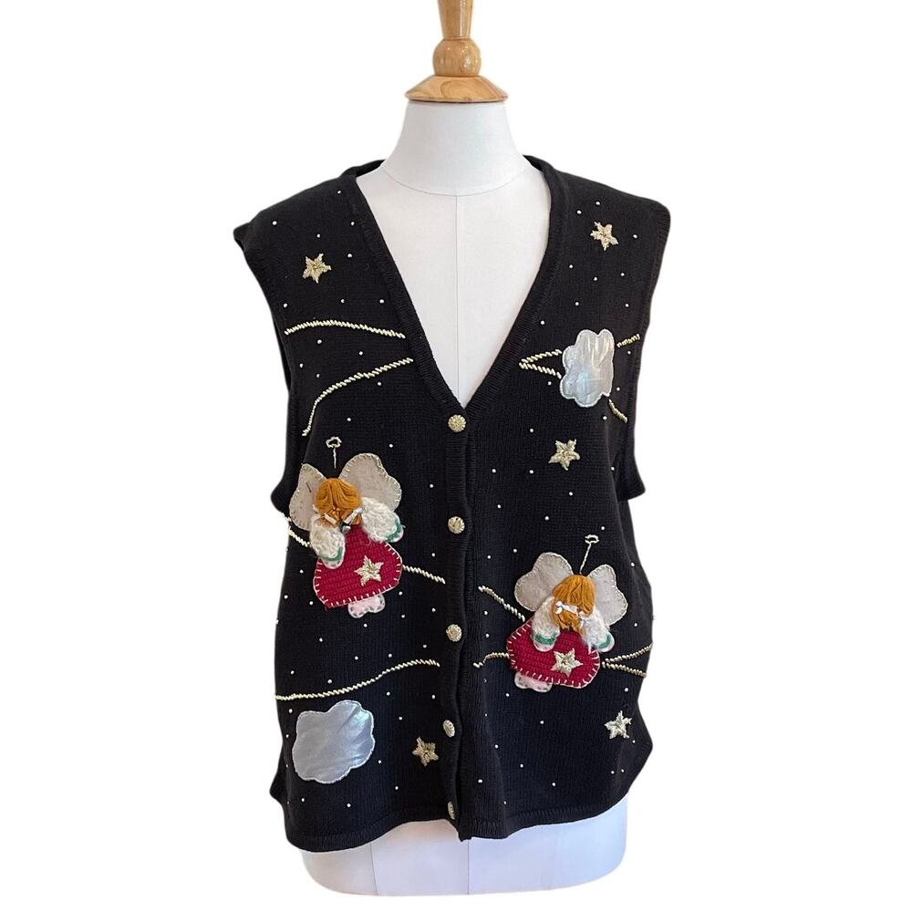VIntage Bobbie Brooks Black Vest, Angel, Cloud Appliques, Beading, Size XL
